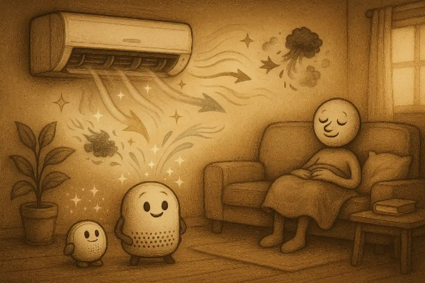 팀 버튼 스타일 거실에서 에어컨 건조와 공기청정이 동시에 이뤄지는 회복 중심 감성 일러스트