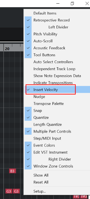 'Insrt Velocity' 도구가 표시되도록 체크