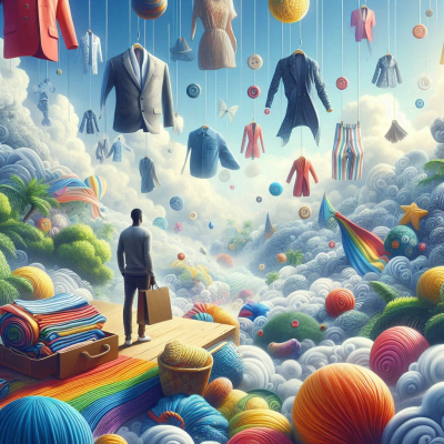 색색의 옷과 실들이 구름 속에서 펼쳐진 풍경.