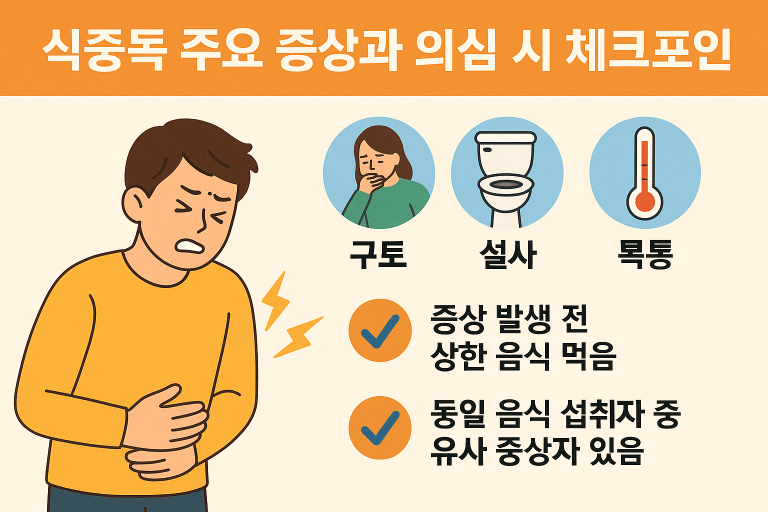 식중독 주요 증상과 의심 기준을 설명한 한국어 인포그래픽