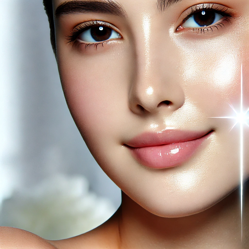 미백 스킨케어 제품 사용 후 균일하고 밝은 피부 톤을 가진 얼굴의 클로즈업. 매끄럽고 광채 나는 피부가 강조된 장면