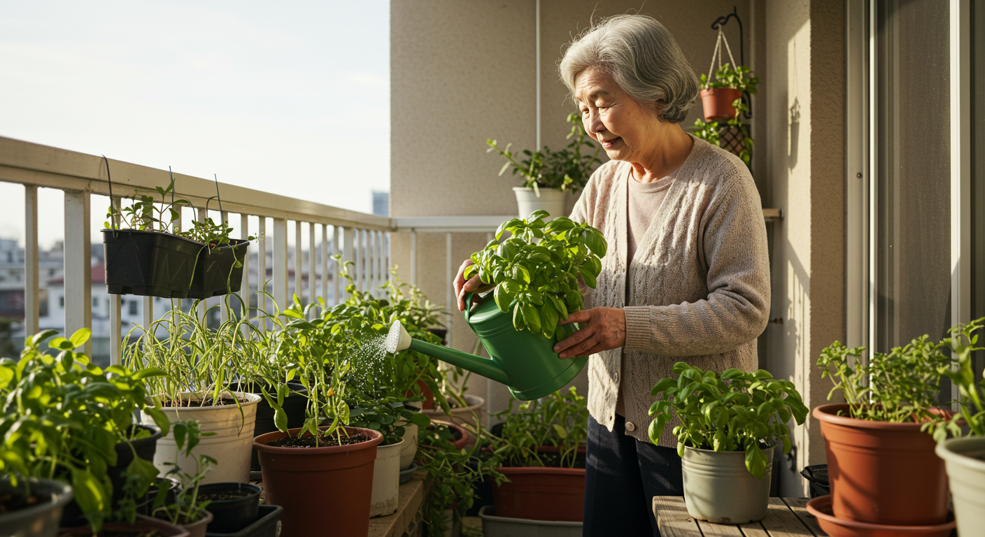 화분에 물을 주고 있는 할머니모습