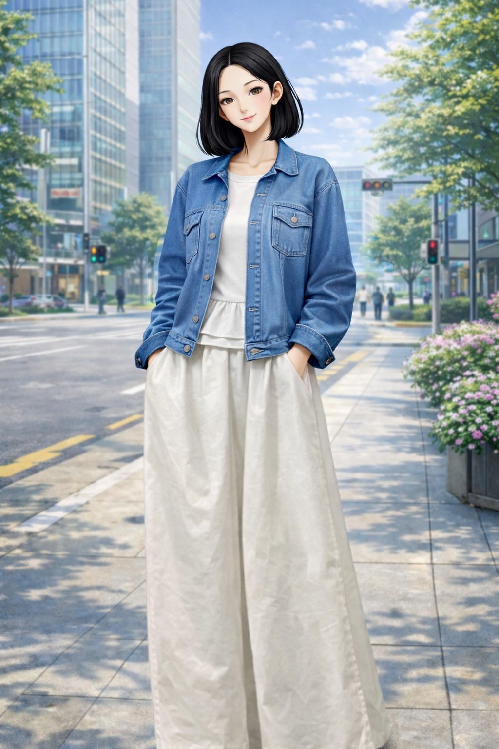 K-Fashion Denim Shirt With White Wide Pants And Clean Daily Style