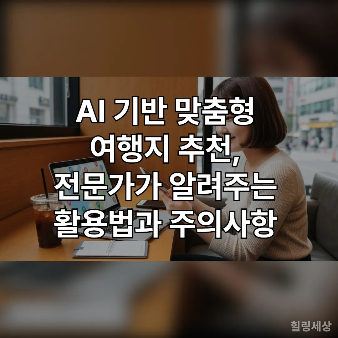 카페에서 노트북과 태블릿으로 AI 여행 추천 서비스를 활용해 여행 계획을 세우는 20대 한국 여성