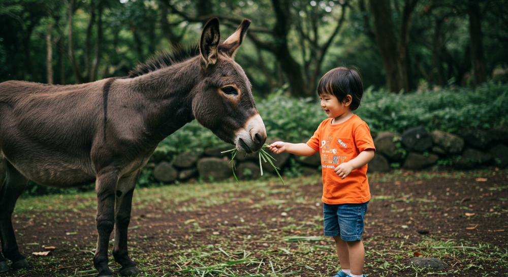 제주 휴애리 자연생활공원에서 당나귀에게 먹이를 주는 아이