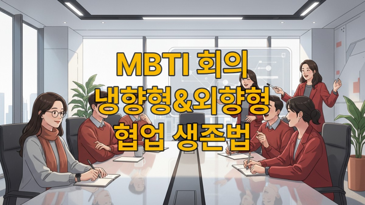 2026년 한국의 현대적인 사무실 회의실에서 내향형과 외향형 직장인들이 각자의 스타일로 회의에 참여하고 있는 모습.