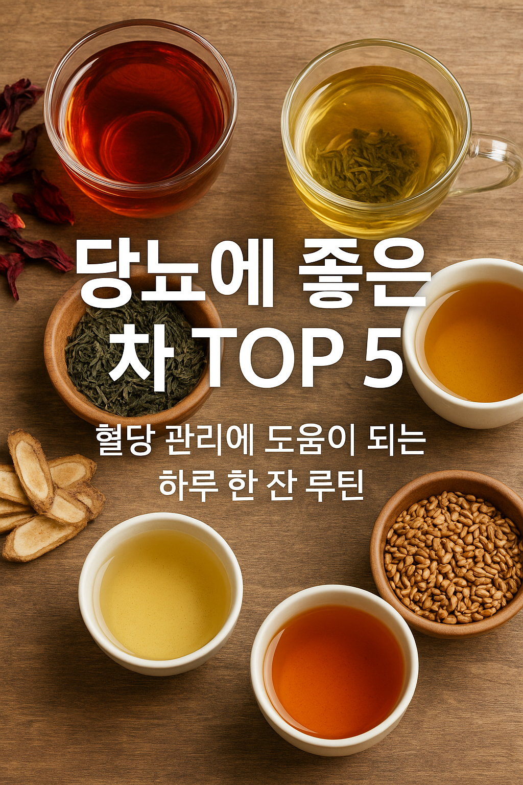 “나무 테이블 위에 보리차, 녹차, 둥굴레차, 우엉차, 히비스커스차 등 다섯 종류의 차가 각각 다른 잔에 담겨 있고, 주변에는 차잎과 재료(보리, 둥굴레 뿌리, 히비스커스 꽃잎)가 놓여 있다. 중앙에는 ‘당뇨에 좋은 차 TOP 5’, ‘혈당 관리에 도움이 되는 하루 한 잔 루틴’이라는 문구가 깔끔한 흰색 글씨로 적혀 있는 따뜻한 실사풍 이미지.”