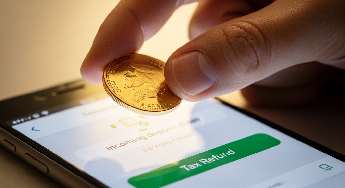 연말정산 환급금이 입금된 모바일 뱅킹 화면과 금화