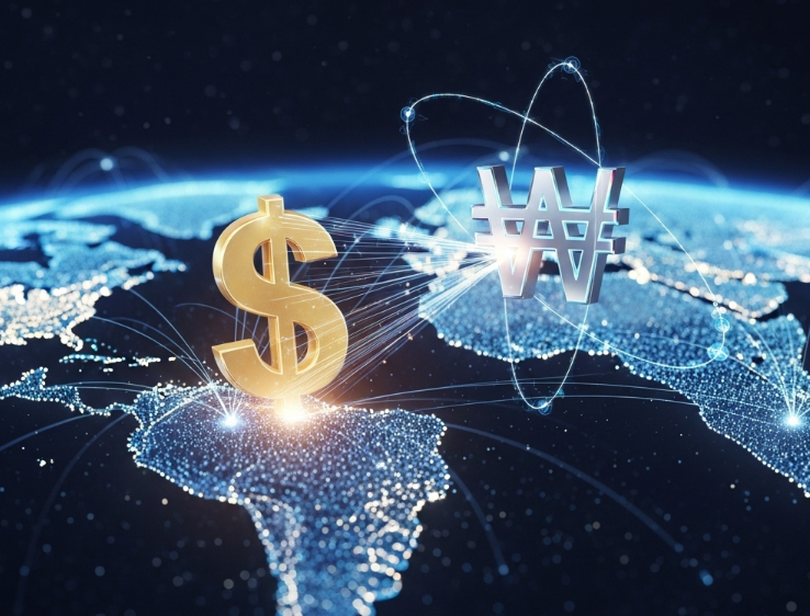 복잡하게 얽힌 글로벌 지도 위에서 달러화와 원화 기호가 서로 영향을 주고받는 모습