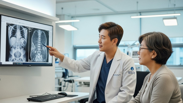 X-ray와 MRI를 함께 들여다보는 의사와 환자 모습