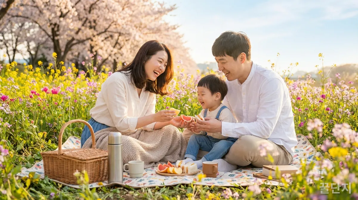봄꽃밭에서 피크닉을 즐기는 한국 가족의 행복한 모습