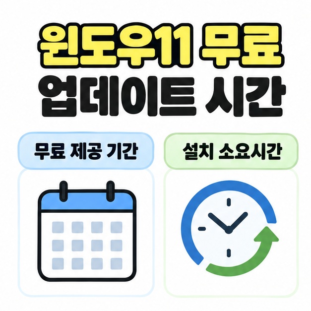 윈도우11 무료 업데이트 시간 제목 아래 무료 제공 기간은 달력, 설치 소요시간은 시계와 회전 화살표로 나누어 표시한 대표 썸네일