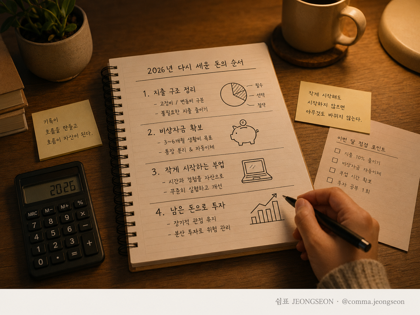 2026년 돈의 순서를 다시 세운 메모와 계산기, 펜이 놓인 책상 위 장면