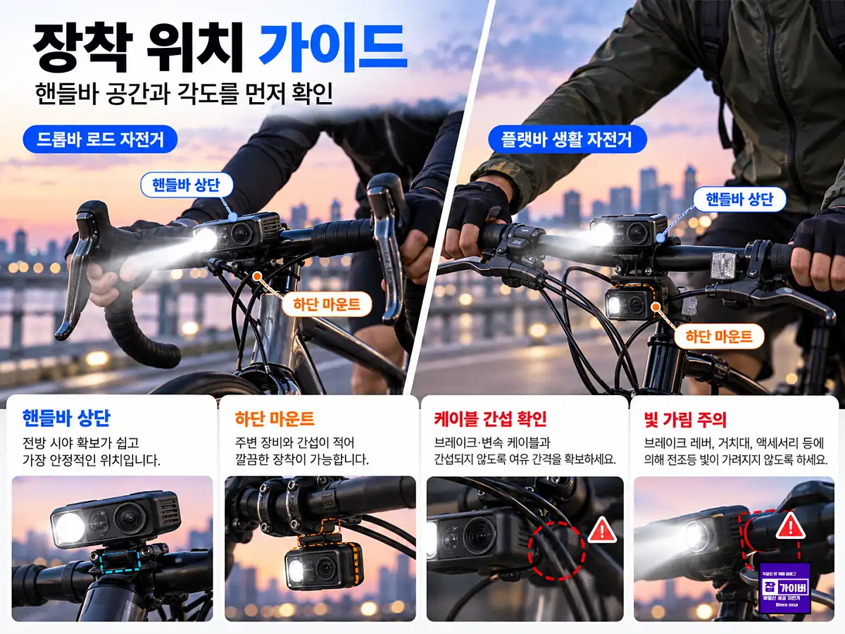 자전거 블랙박스 핸들바 상단 하단 마운트 장착 위치 가이드