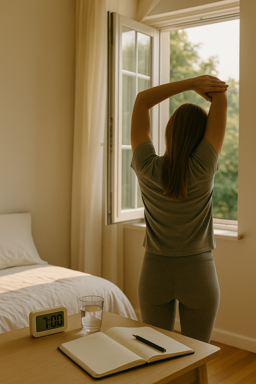 아침 루틴 타이머, 창을 연 모습, 물 한 컵과 스트레칭하는 사람의 실내 이미지
물 한 잔, 스트레칭, 창문 열기, 루틴 흐름 장면