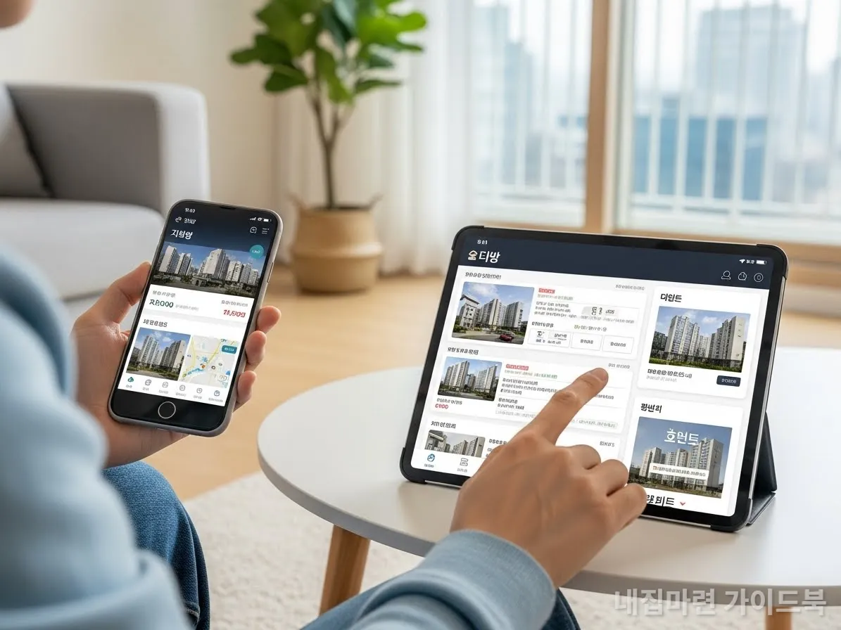 온라인 부동산 앱을 활용하여 매물을 비교하는 한국인 매도인