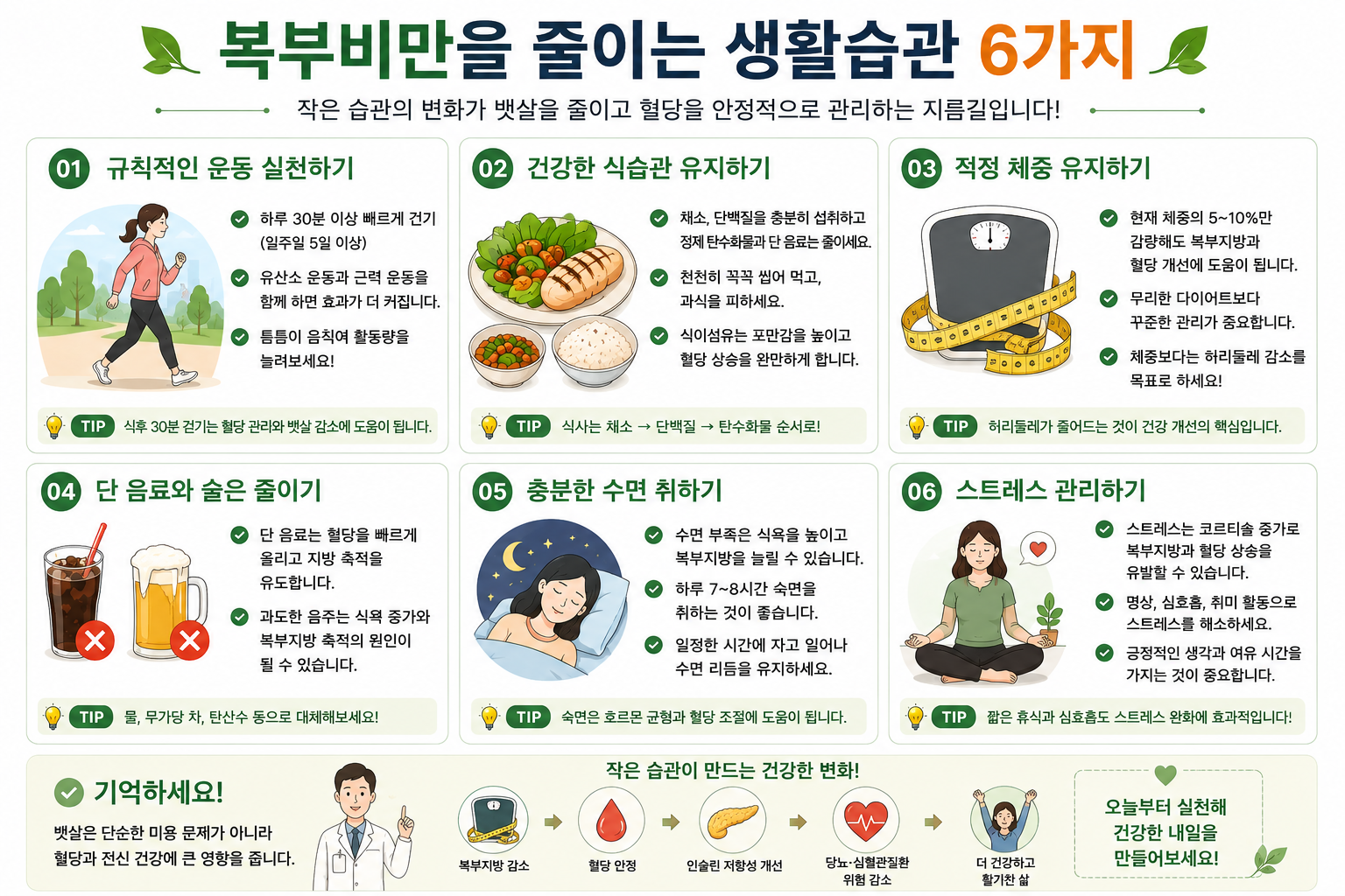 복부비만 관리에 관련된 생활습관을 소개하는 그림