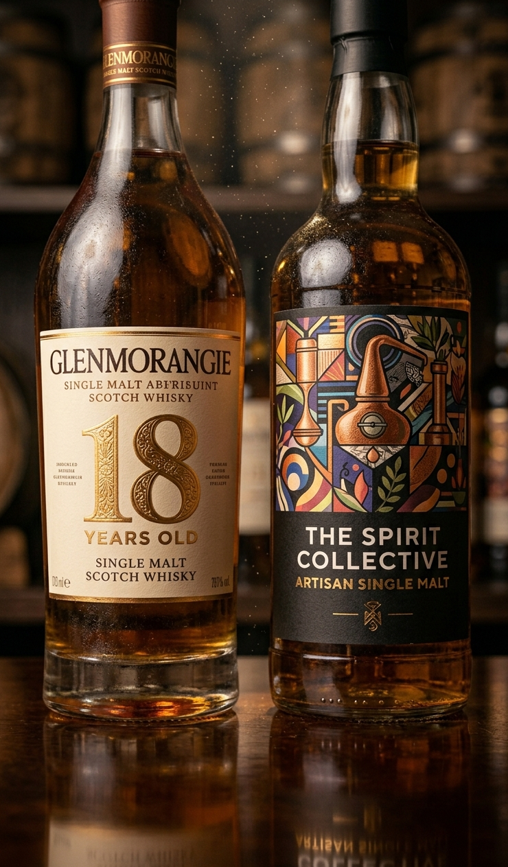 위스키 병 라벨에 적힌 12년, 18년 등 숫자가 크게 적힌 부분과 NAS 위스키의 깔끔한 라벨 디자인을 비교하는 클로즈업 이미지.