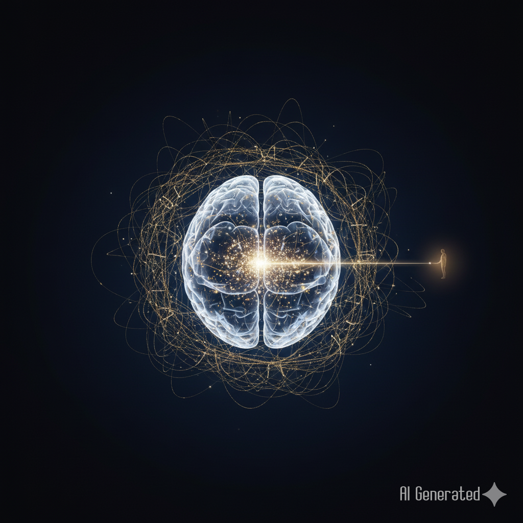 어두운 배경 속에서 은은하게 빛나는 추상적인 구체와 정교한 입자들이 중심부로 응축되는 모습. 지능의 효율성과 절제미를 상징하는 테크니컬 아트.