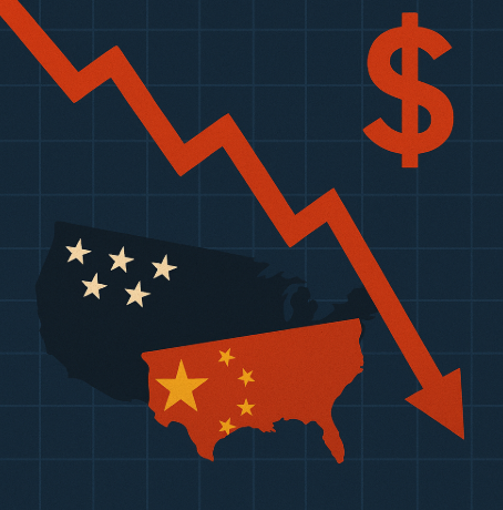 이번 하락의 핵심 배경인 미&middot;중 무역 갈등을 상징적으로 보여줍니다.