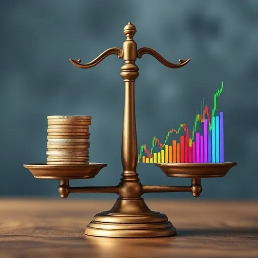 : 천칭 저울 한쪽에는 '안정성'을 상징하는 튼튼한 동전 더미가, 다른 한쪽에는 '수익성'을 상징하는 화려한 주식 그래프가 균형을 이루고 있습니다. 노타 공모주 투자의 매력을 현명하게 고민하는 모습을 보여줍니다.