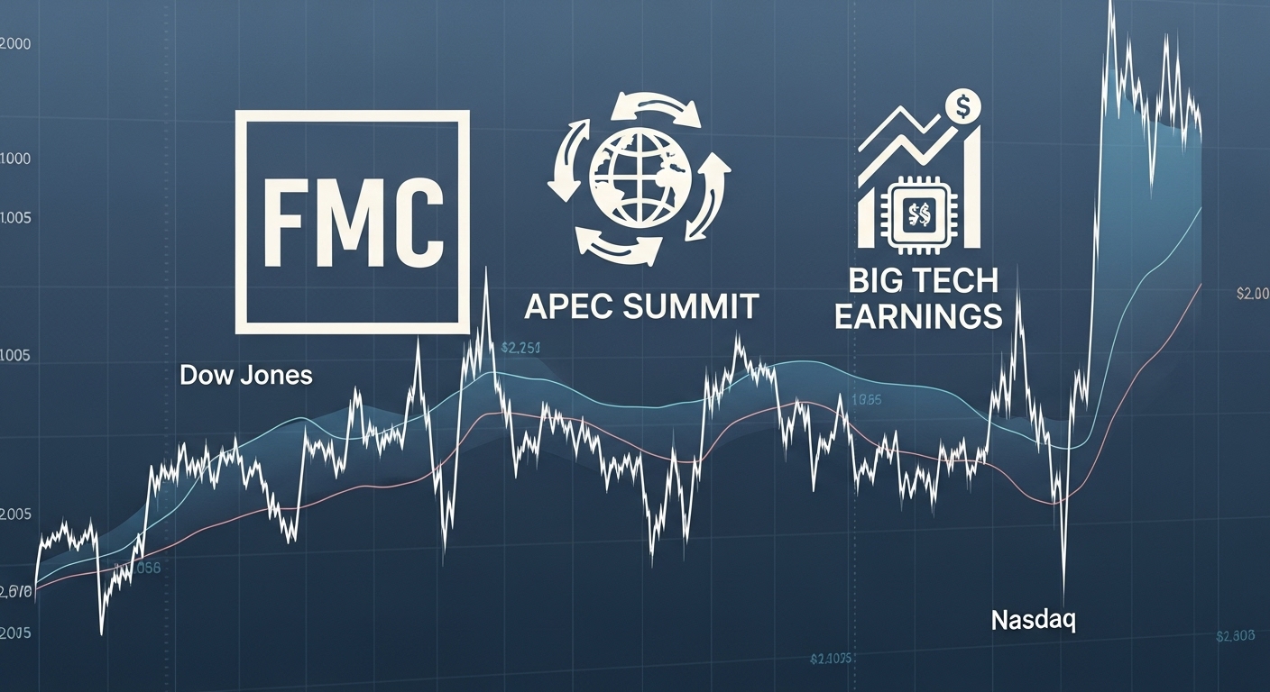 다우존스(가치주 상징), 나스닥(기술주 상징) 차트가 교차하는 모습. 그 위에 FMC, APEC(미중 회담), 빅테크 로고가 겹쳐진 다이어그램