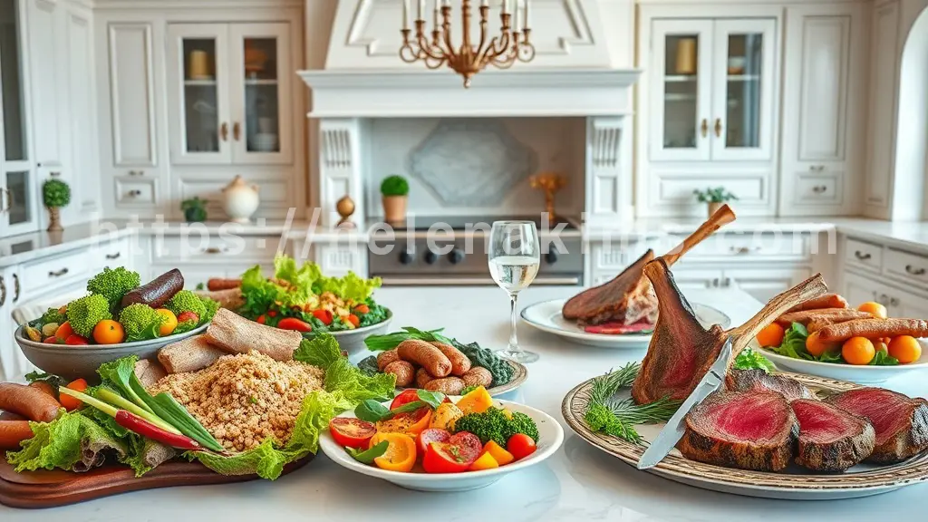 주방 식탁 위 왼쪽에는 비건 음식이 오른쪽에는 육류가 놓여 있는 이미지.