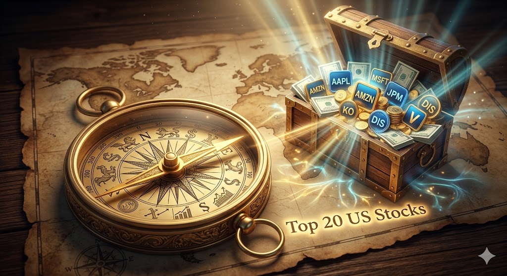 나침반이 '미국 우량주 20종'을 가리키고 달러 보물상자가 놓여 있는 신비로운 이미지