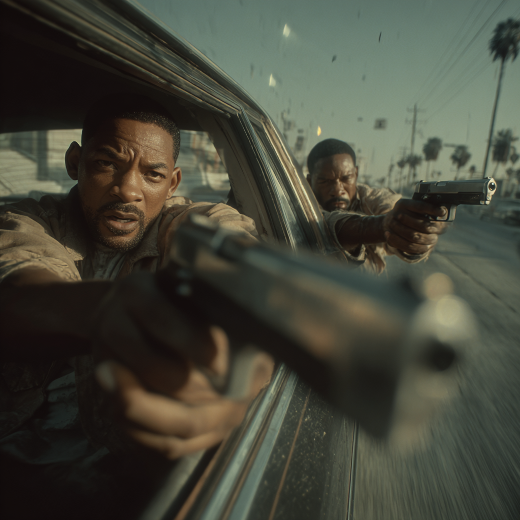 윌 스미스와 마틴 로렌스가 차량 추격전 중 차 안에서 총격을 펼치는 긴장감 넘치는 장면
