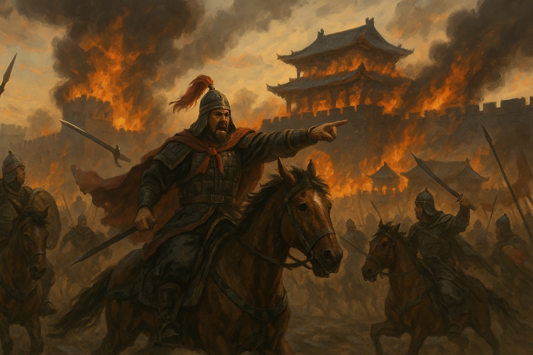 안사의 난을 묘사한 이미지로, 불타는 당나라 성벽 앞에서 말을 탄 장수가 군대를 지휘하며 돌격하는 장면. 혼란과 전쟁의 참혹함이 강렬한 붉은 불길과 병사들의 긴박한 움직임으로 표현되어 있음.