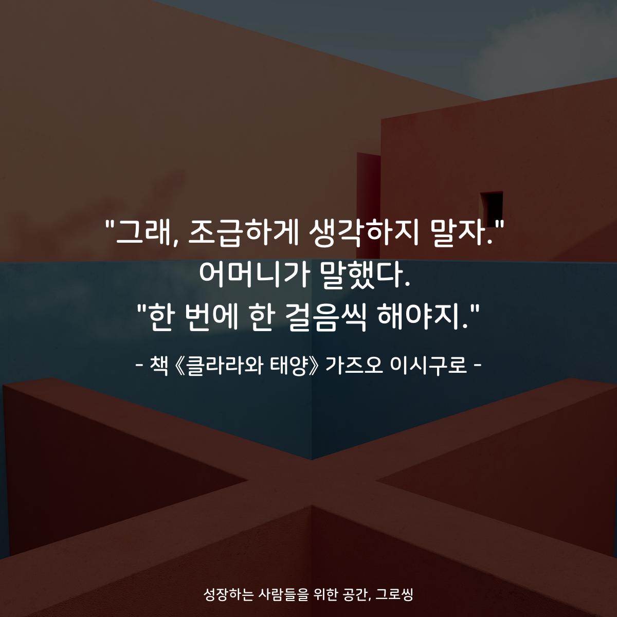 "그래, 조급하게 생각하지 말자."
어머니가 말했다.
"한 번에 한 걸음씩 해야지."