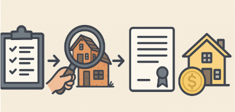 "시골 빈집 구입 절차를 표현한 일러스트, 체크리스트, 돋보기로 살펴보는 주택, 계약서와 도장, 주택과 동전 아이콘이 순서대로 연결된 디자인"