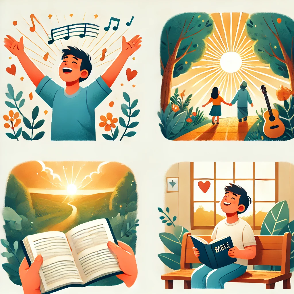 여기 시편 95:1 말씀을 따라, 하루 종일 기쁨으로 주님을 찬양하며 나아가는 삶의 모습이 담긴 이미지가 있습니다. 이 그림은 하루 동안 하나님께 기쁜 마음으로 나아가며, 찬양과 감사로 가득한 삶을 사는 것이 얼마나 복된 것인지를 강조합니다. 🙌✨🎶📖