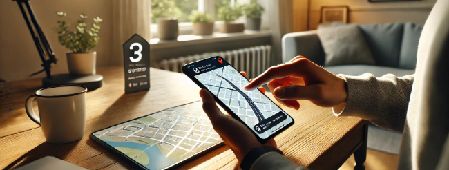 출근 경로를 지도 앱으로 확인하는 아침 장면을 그린 이미지