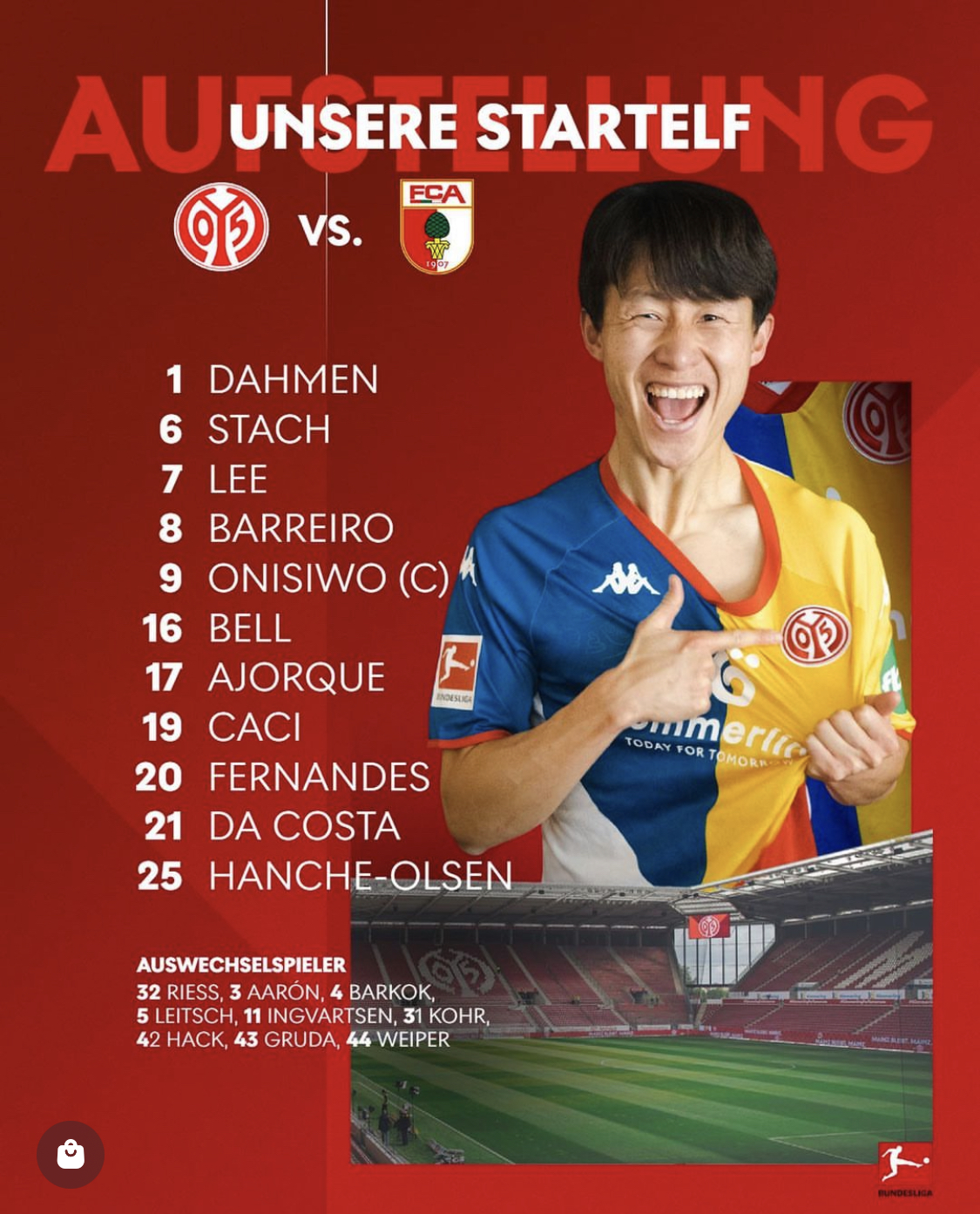 알트태그-마인츠 출전 선수 명단입니다. 이재성 선수는 선발로 출전했습니다.