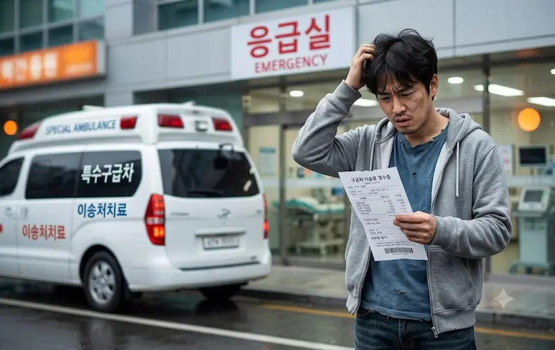 응급실 앞 특수구급차와 이송처치료 문구, 그리고 구급차 이용료 영수증을 든 채 곤란한 표정을 짓고 있는 남성의 모습
