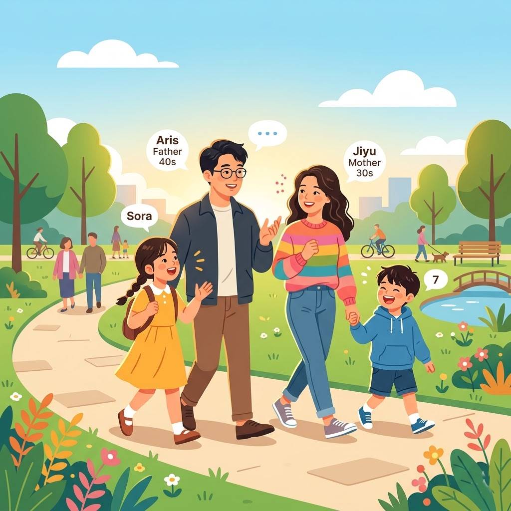 햇살이 내리쬐는 공원에서 가볍게 산책하며 즐겁게 대화하는 한국인 가족