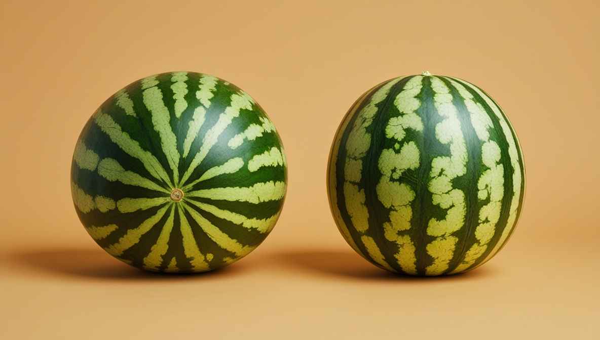맛있는 수박의 작고 좁은 배꼽과, 맛없는 수박의 크고 넓은 배꼽을 비교하는 사진