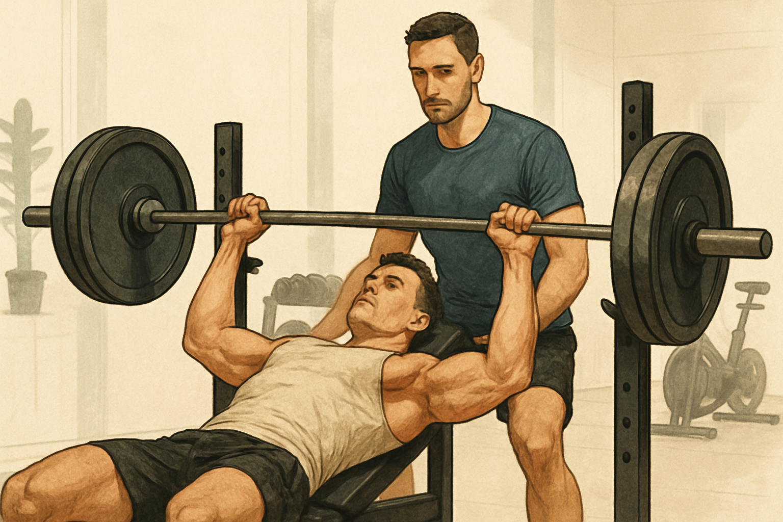 벤치프레스를 하는 남자와 뒤에서 보조하는 남자 일러스트