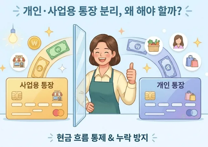 현금거래 많은 업종 장부정리: 개인 통장과 사업용 통장 분리의 필요성을 시각화한 이미지. 투명한 벽을 사이에 두고 왼쪽의 사업용 계좌(카페 매출 등)와 오른쪽의 개인 계좌(장보기&amp;#44; 쇼핑 등)가 섞이지 않고 각각 관리되는 모습을 보여줌. &amp;#39;현금 흐름 통제 &amp; 누락 방지&amp;#39;라는 메시지를 담은 밝고 긍정적인 일러스트