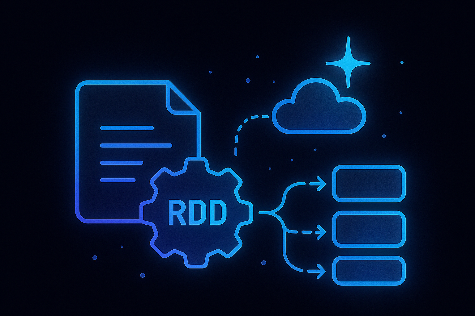 분산된 데이터 블록들이 병렬로 연결된 RDD 구조를 상징