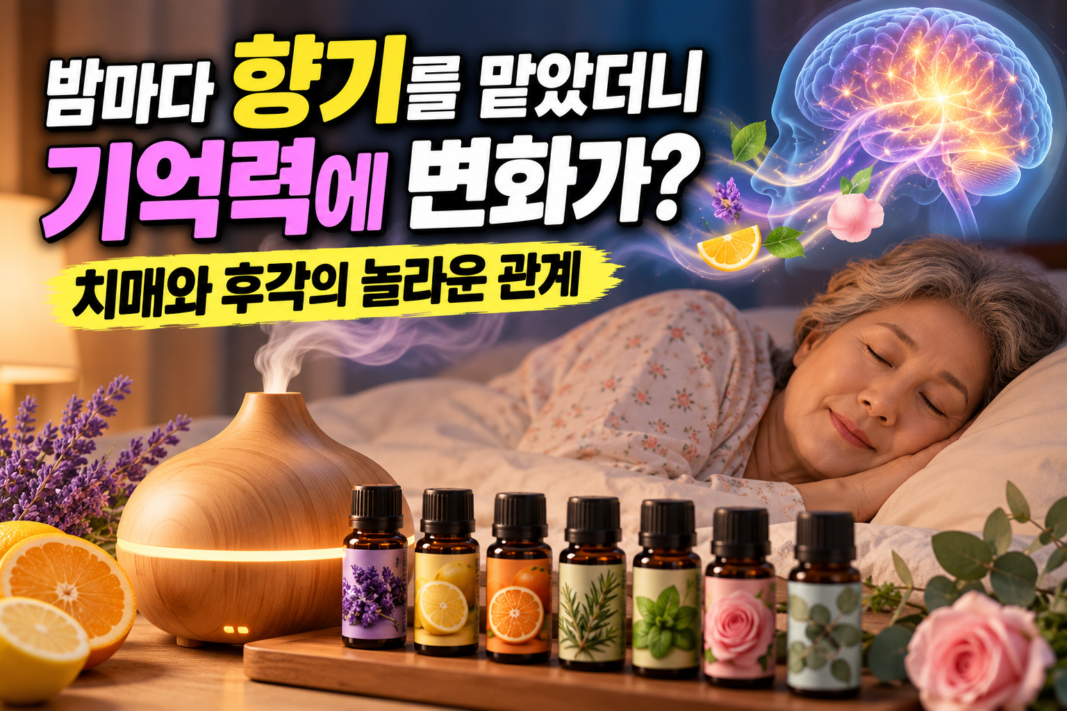 밤에 향기를 맡으며 잠자는 어르신과 라벤더·레몬·오렌지·로즈마리 등 다양한 향