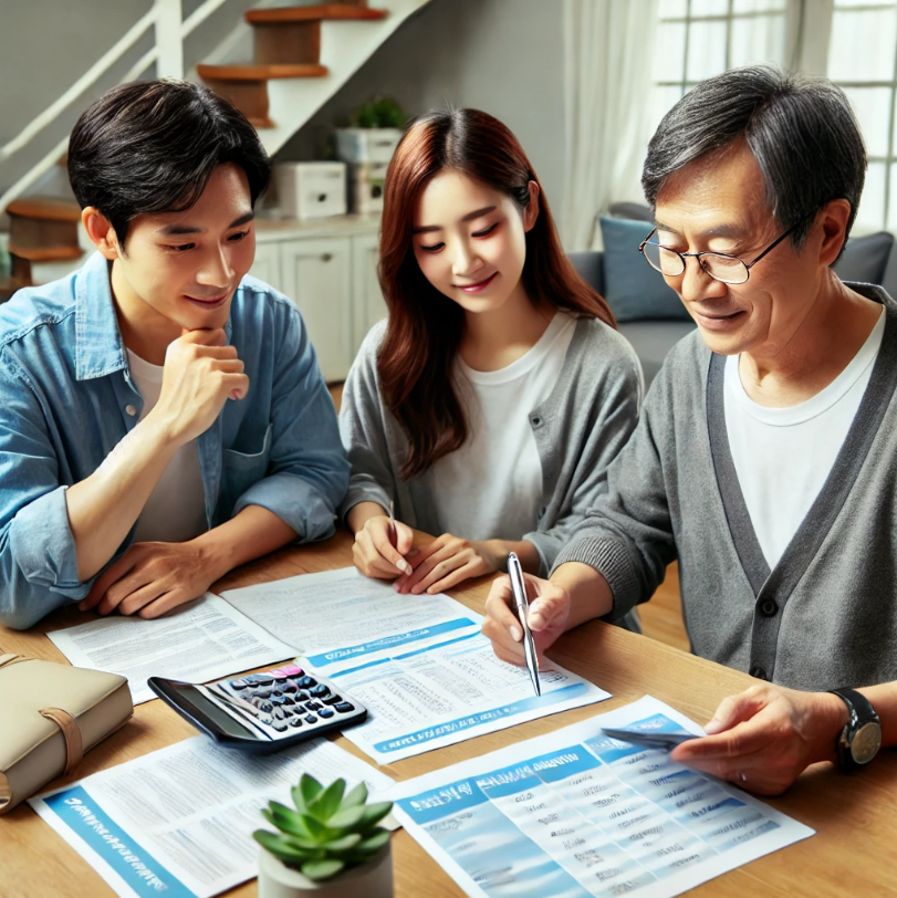 가족과 함께 건강보험 계획을 논의하는 모습