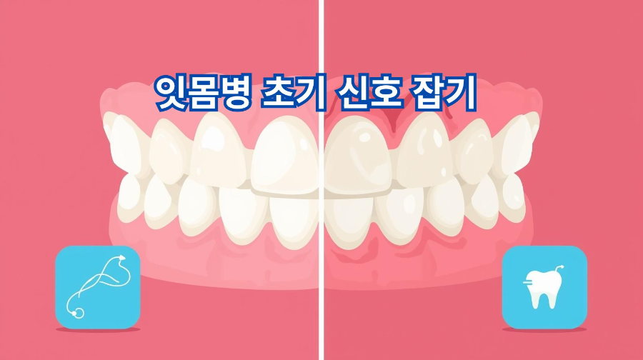 건강한 잇몸과 염증이 있는 잇몸을 비교한 일러스트, 치실과 치간칫솔 아이콘 포함