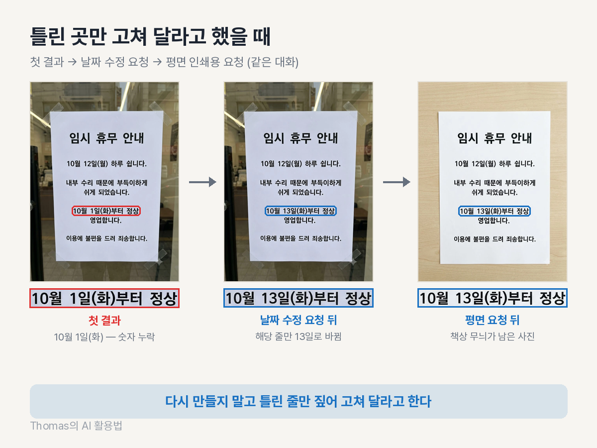 휴무 안내문을 날짜 수정과 인쇄용 평면 요청으로 두 번 고친 결과 세 장