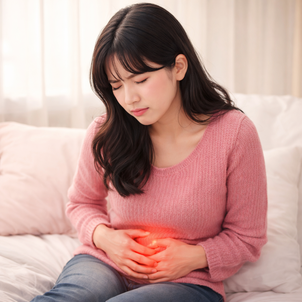 생리통으로 힘들어하고있는 여성