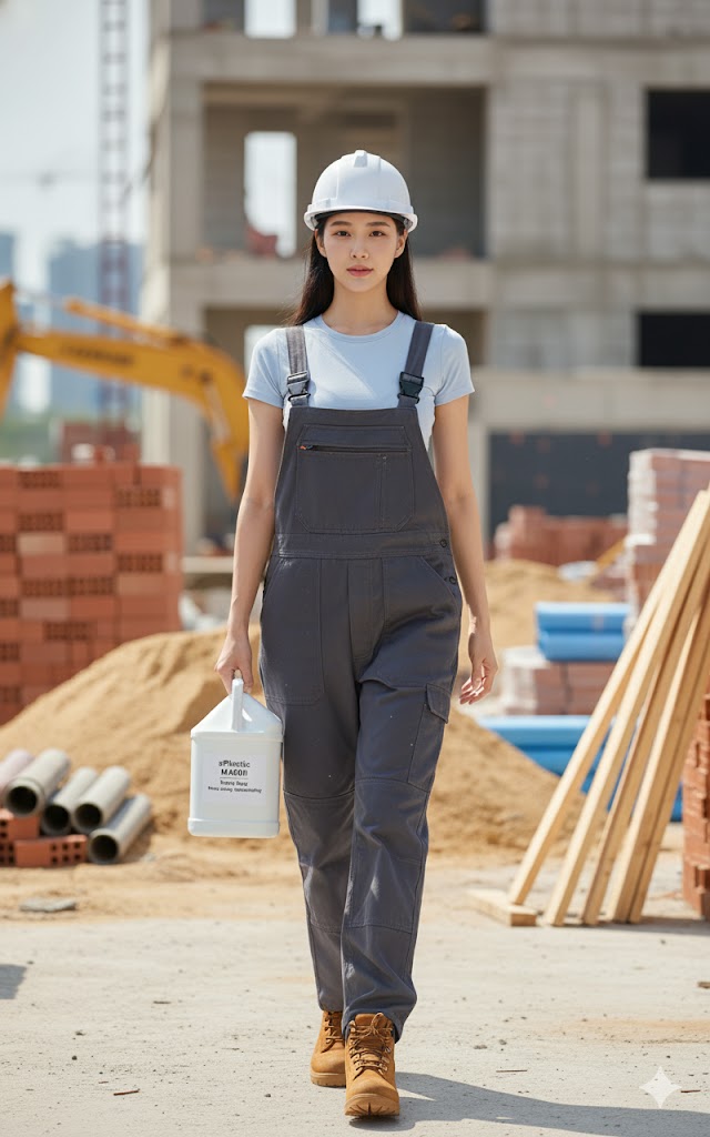 거친 건설 현장에서 여성 작업자가 M4000 용기의 핸들을 잡고 안정적으로 걸어가고 있습니다. "sPlastic m-Series M4000 Heavy Duty Waterproofing" 라벨이 붙어 있어, 극한 환경에서의 내구성과 대용량 자재의 편리한 운반을 강조합니다. (M4000 용기가 건설 현장에서 활용되는 모습을 통해, 대용량 운반 편의성과 열악한 환경에서의 내구성을 강조합니다.