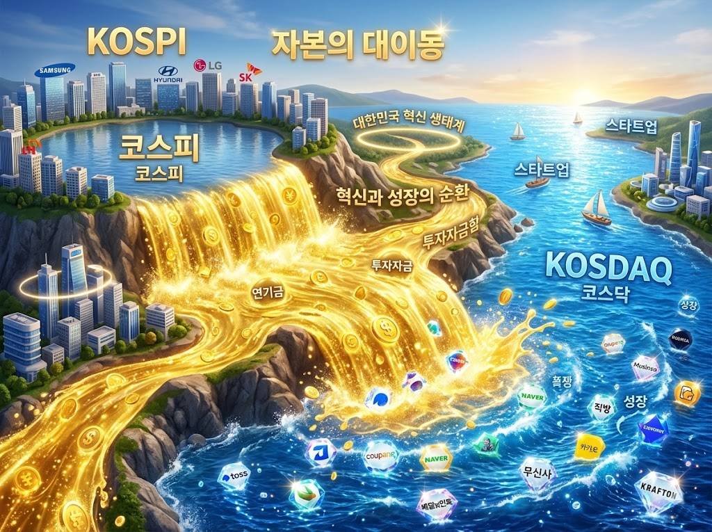 거대한 황금색 물줄기가 코스피라는 호수에서 코스닥이라는 푸른 바다로 흘러들어가는 모습, 주변에 작은 벤처 기업 로고들이 보석처럼 빛나는 3D 렌더링 이미지
