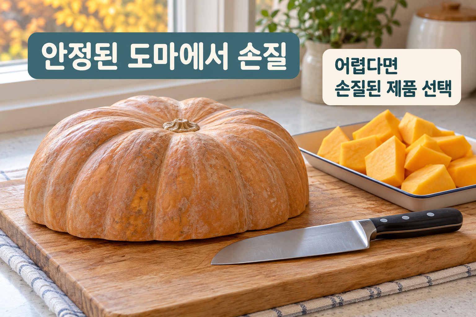 이미 반으로 손질한 호박의 평평한 면을 도마에 놓고 손질품을 대안으로 준비한 장면.