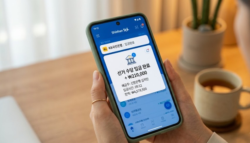 스마트폰 화면에 은행 앱의 입금 알림 내역과 함께 '선거 수당 입금 완료'라는 글자가 선명하게 보이는 이미지